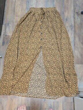 Leopard Print Button-Front Maxi Skirt - Mustard
